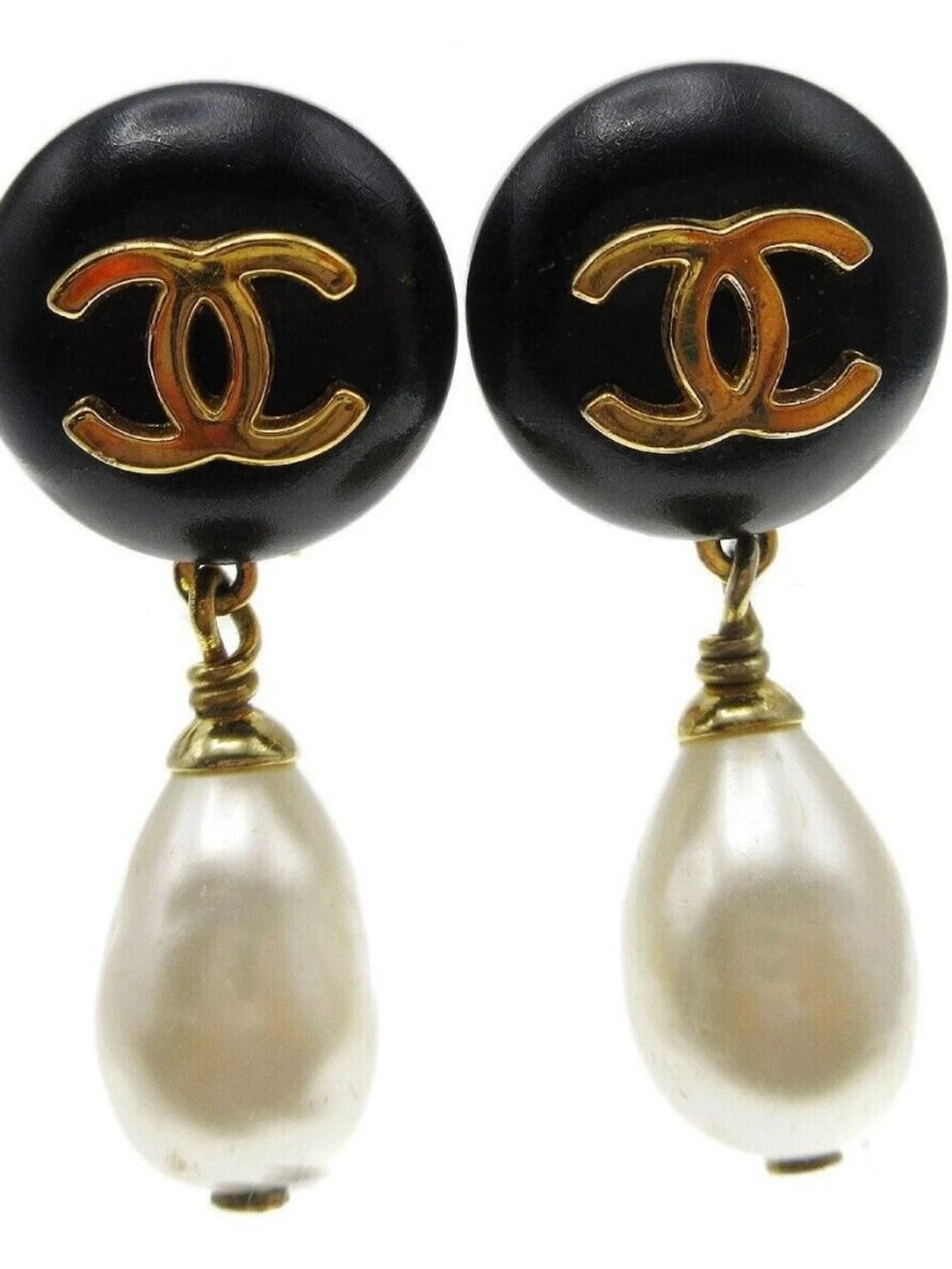 Chanel Artificial Pearl Dangle Earrings Clip-On Black Gold 94P 99580
